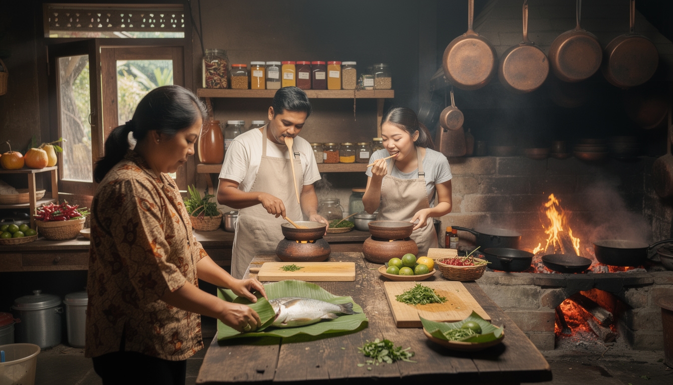 Peserta kelas memasak sedang aktif belajar di dapur keluarga lokal