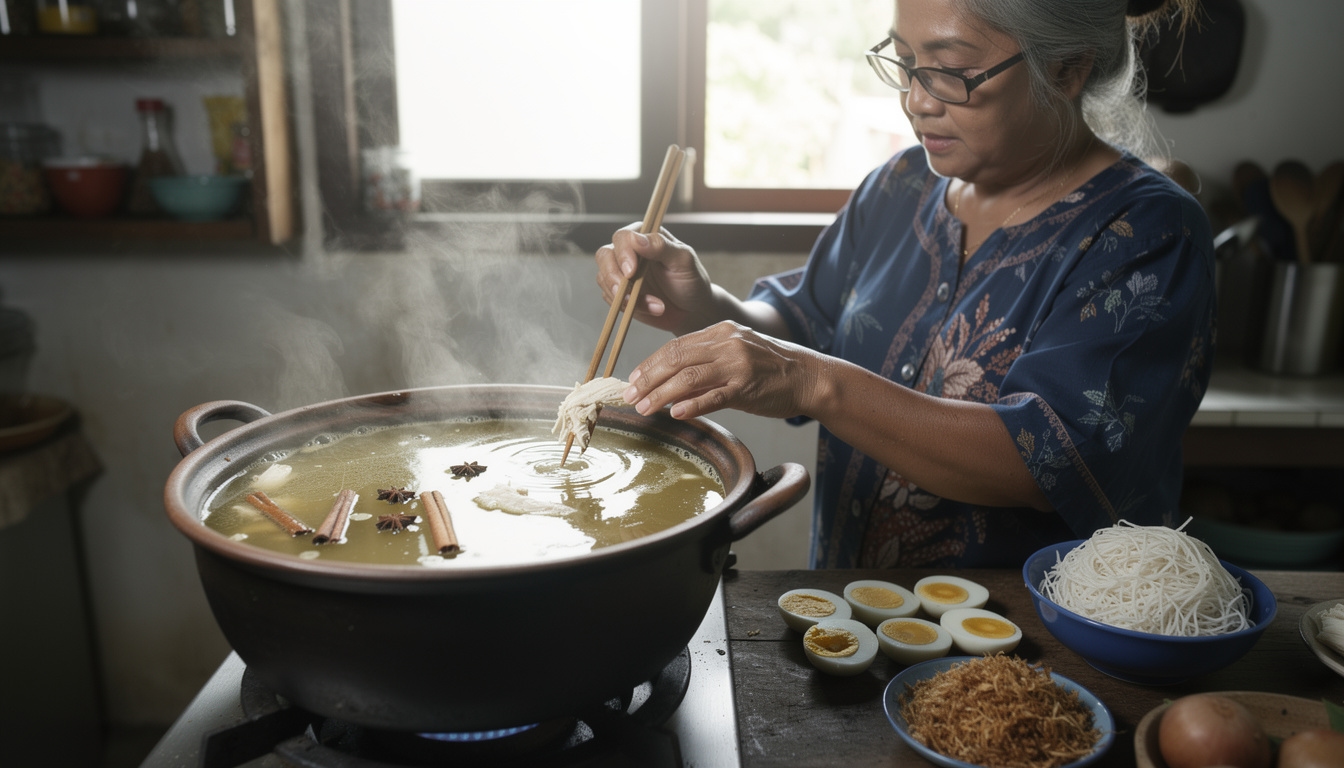 Proses memasak Soto Banjar dengan bumbu tradisional